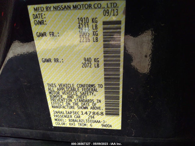 36567327 :رقم المزاد ، 1N4AL3AP3EC147868 vin ، 2014 Nissan Altima 2.5 S مزاد بيع