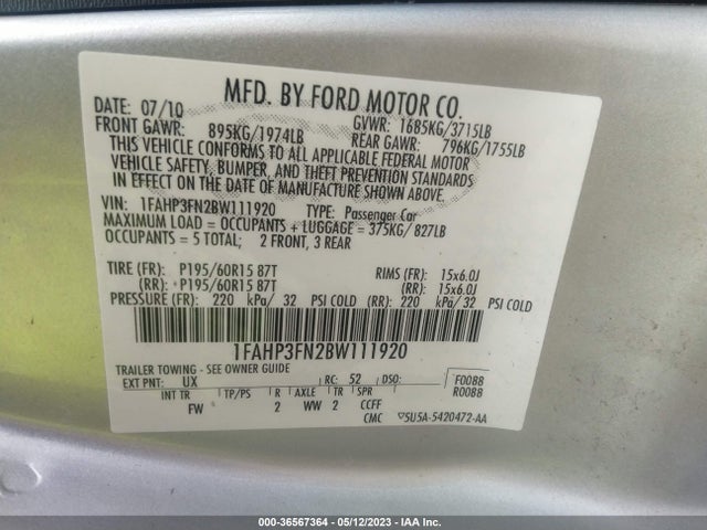 2011 FORD FOCUS SE VIN: 1FAHP3FN2BW111920
