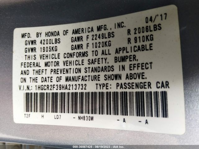 1HGCR2F39HA213732 Honda Accord Sedan Lx