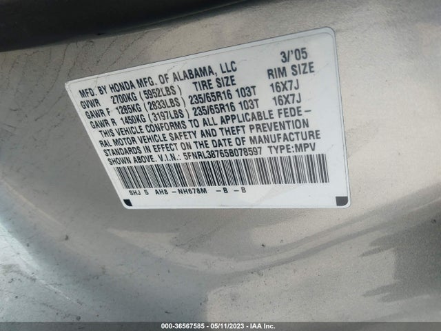 2005 HONDA ODYSSEY EX-L VIN: 5FNRL38765B078597