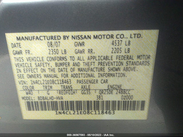 2008 NISSAN ALTIMA VIN: 1N4CL21E08C118463