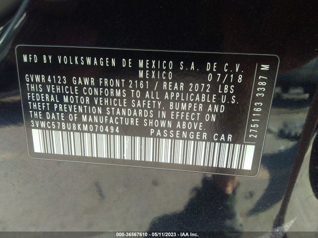 3VWC57BU8KM070494 Volkswagen Jetta S/se/r-line