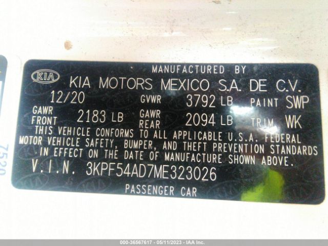 3KPF54AD7ME323026 KIA FORTE EX