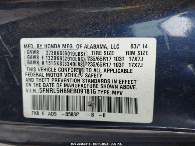 Honda Odyssey Ex-l 2014 5FNRL5H69EB091816 Image 9