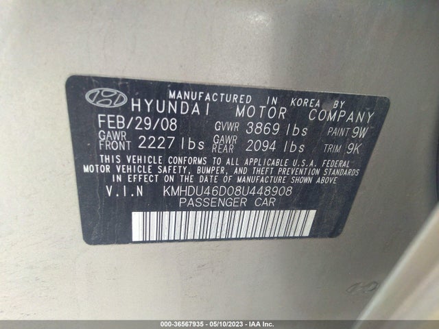 2008 HYUNDAI ELANTRA GLS/SE VIN: KMHDU46D08U448908