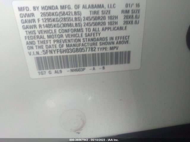 Honda Pilot Elite 2016 5FNYF6H03GB057782 Image 10