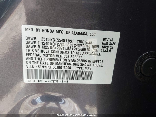Honda Pilot Ex-l 2018 5FNYF5H50JB013090 Image 9