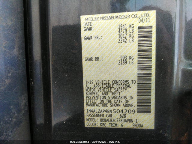 2011 NISSAN ALTIMA 2.5 SL VIN: 1N4AL2AP4BN504209