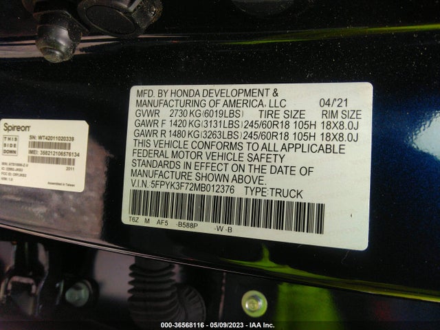 Honda Ridgeline Rtl-e 2021 5FPYK3F72MB012376 Image 9
