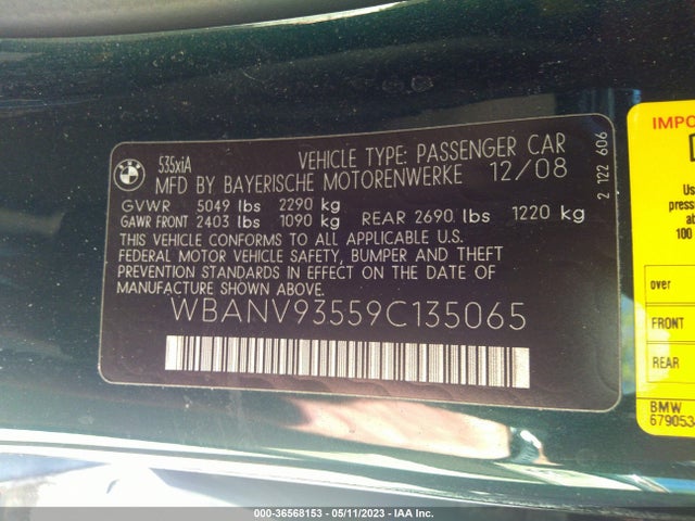 2009 BMW 5 SERIES 535I XDRIVE VIN: WBANV93559C135065