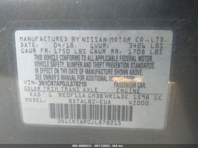 3N1CN7AP0JL878215 Nissan Versa Sedan Sv