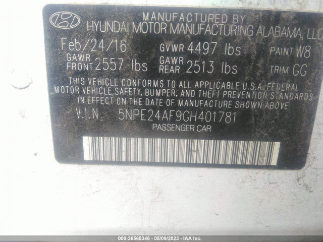 Hyundai Sonata 2.4l 2016 5NPE24AF9GH401781 Image 9