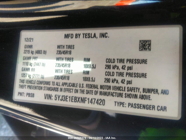 Tesla Model 3 Long Range 2022 5YJ3E1EBXNF147420 Image 9