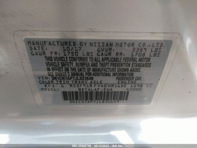 3N1CN7AP7JL831649 Nissan Versa Sedan S
