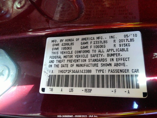 2010 HONDA ACCORD SDN LX VIN: 1HGCP2F34AA143388