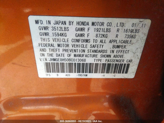 2011 HONDA FIT SPORT VIN: JHMGE8H50BC013068