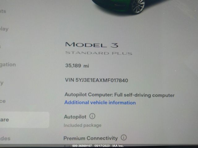 5YJ3E1EAXMF017840 Tesla Model 3 Standard Range Plus