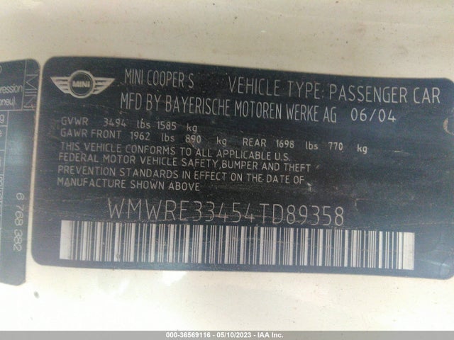 2004 MINI COOPER HARDTOP VIN: WMWRC334X4TC50879