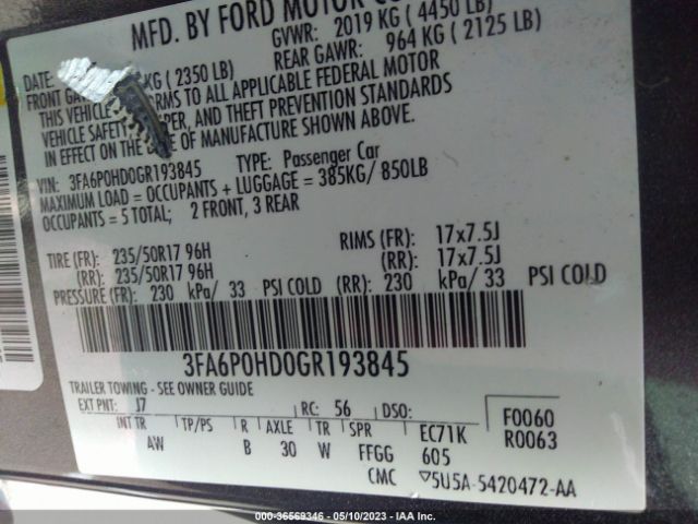 3FA6P0HD0GR193845 Ford FUSION SE