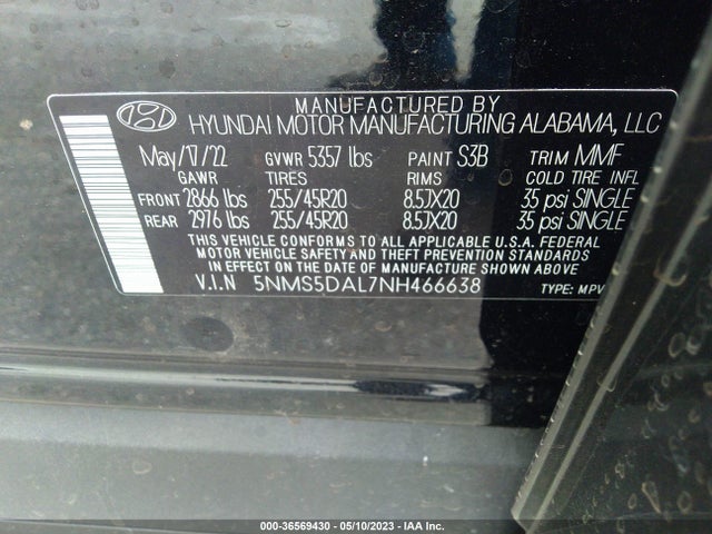 2022 HYUNDAI SANTA FE CALLIGRAPHY VIN: 5NMS5DAL7NH466638