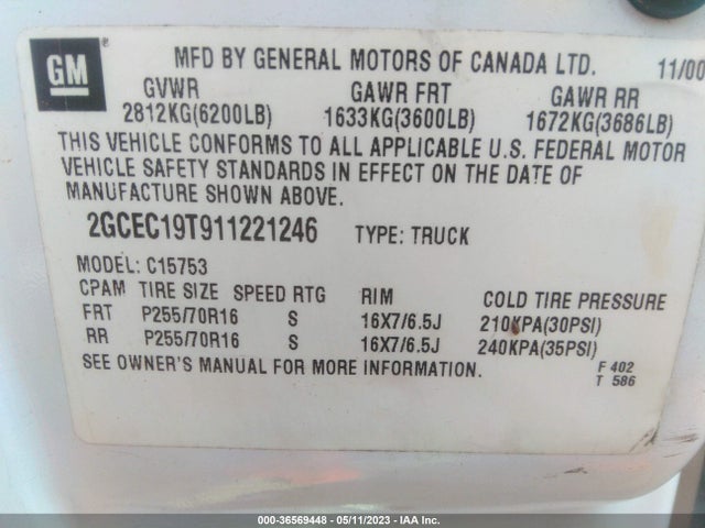 2001 CHEVROLET SILVERADO 1500 LS VIN: 2GCEC19T911221246