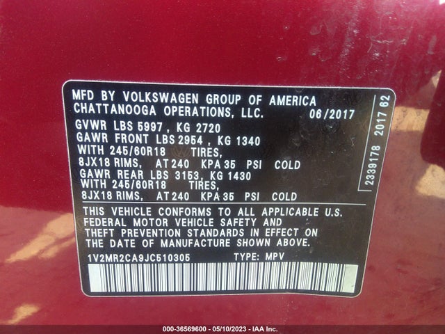 1V2MR2CA9JC510305 Volkswagen Atlas 3.6l V6 Sel