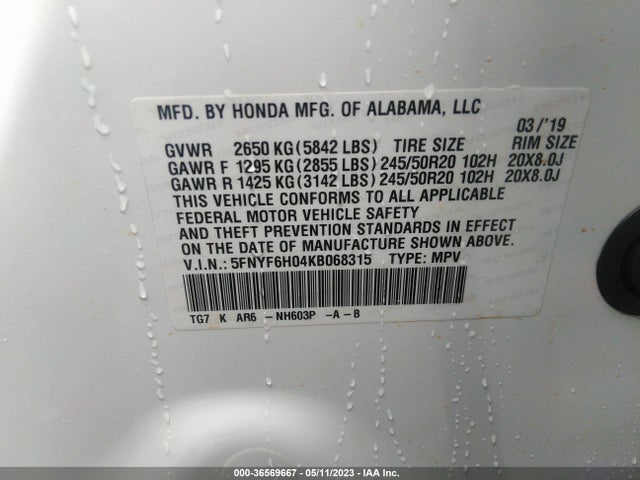 Honda Pilot Elite 2019 5FNYF6H04KB068315 Image 9
