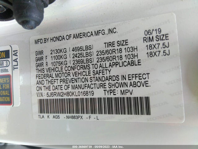Honda Cr-v Ex-l 2019 5J6RW2H80KL016819 Image 9