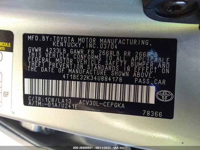 2004 TOYOTA CAMRY LE/SE/XLE/STD VIN: 4T1BE32K34U884178