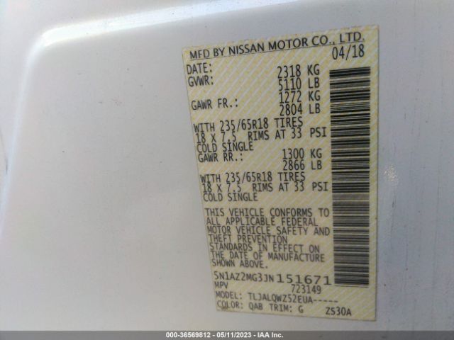 5N1AZ2MG3JN151671 Nissan MURANO SV