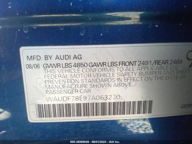 2007 AUDI A4 2.0T VIN: WAUDF78E97A063270