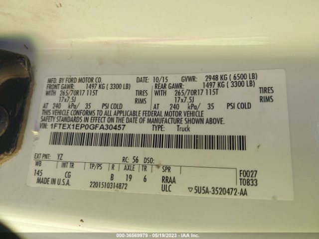 1FTEX1EP0GFA30457 Ford F-150 Xlt/xl/lariat