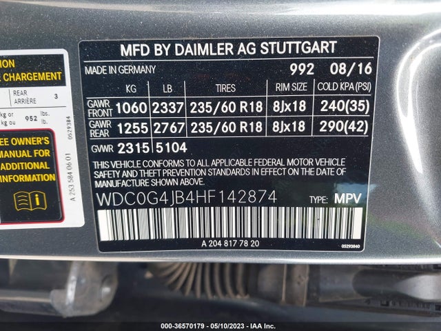 2017 MERCEDES-BENZ GLC GLC 300 VIN: WDC0G4JB4HF142874