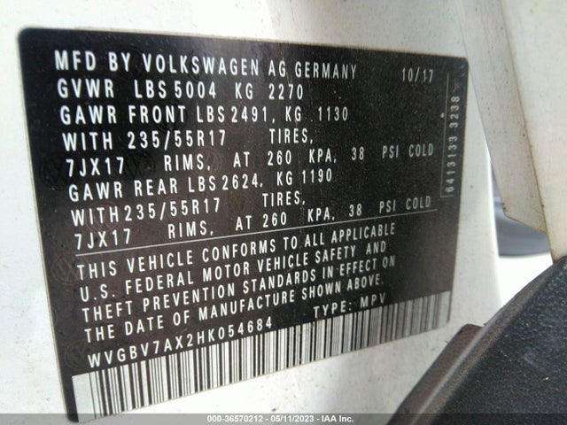 WVGBV7AX2HK054684 Volkswagen TIGUAN