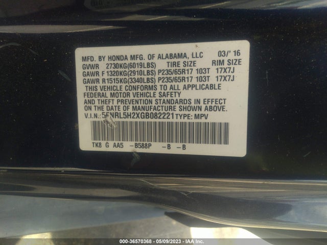 Honda ODYSSEY LX 2016 5FNRL5H2XGB082221 Image 9