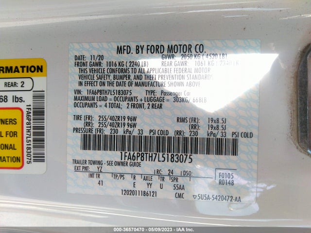 2020 FORD MUSTANG ECOBOOST VIN: 1FA6P8TH7L5183075