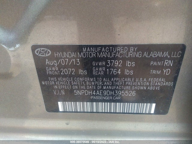 2013 HYUNDAI ELANTRA GLS PZEV VIN: 5NPDH4AE9DH395526