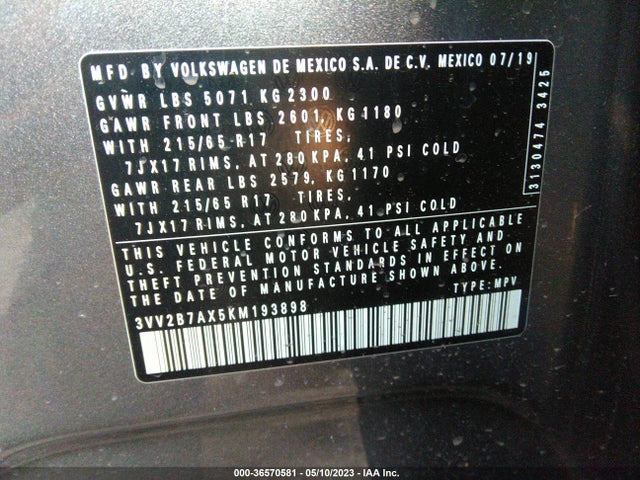 3VV2B7AX5KM193898 Volkswagen Tiguan Se/sel/sel R-line