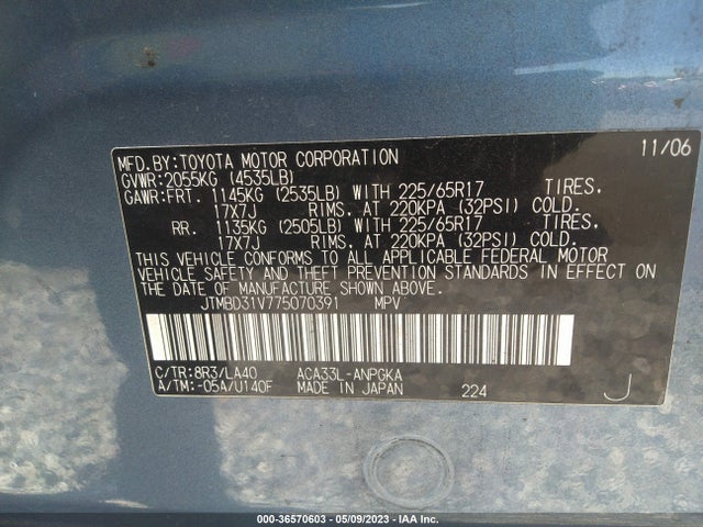 2007 TOYOTA RAV4 LIMITED VIN: JTMBD31V775070391