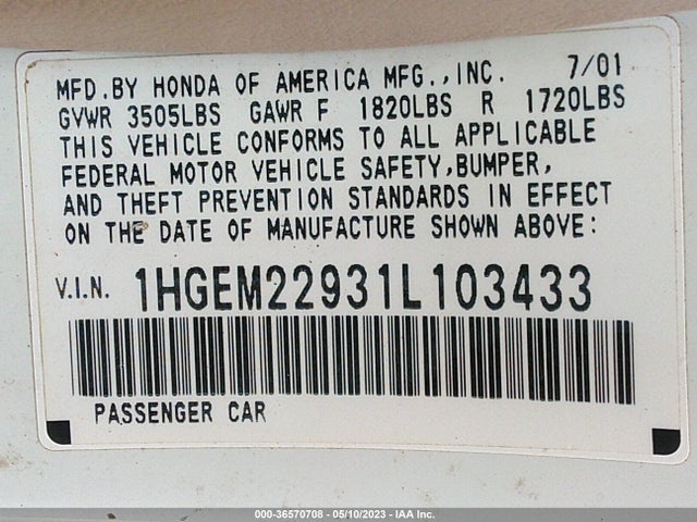 2001 HONDA CIVIC EX VIN: 1HGEM22931L103433
