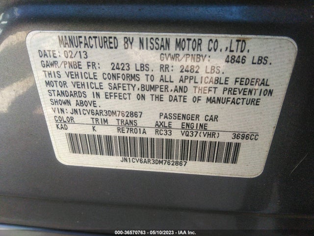 2013 INFINITI G37 SEDAN X VIN: JN1CV6AR3DM762867