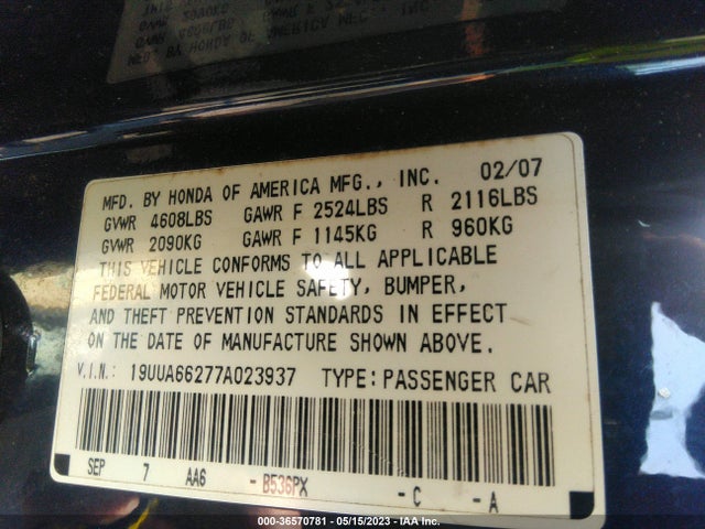 2007 ACURA TL VIN: 19UUA66277A023937