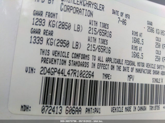 2007 DODGE GRAND CARAVAN SXT VIN: 2D4GP44L47R102264
