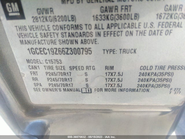 2006 CHEVROLET SILVERADO 1500 LT1 VIN: 1GCEC19Z66Z300795