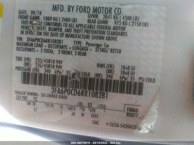 3FA6P0CD6KR108281 Ford FUSION SEL