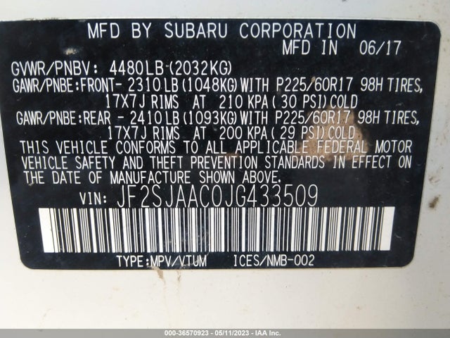 JF2SJAAC0JG433509 Subaru Forester