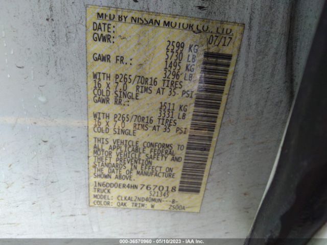1N6DD0ER4HN767018 Nissan Frontier Sv V6
