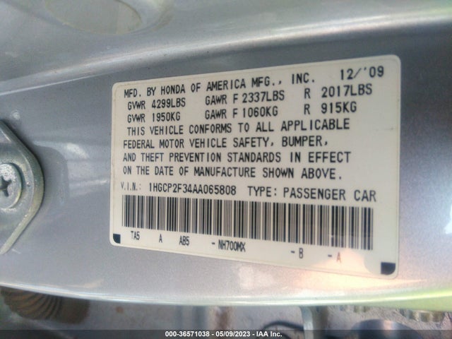 2010 HONDA ACCORD SDN LX VIN: 1HGCP2F34AA065808