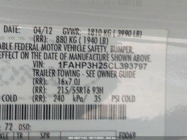 2012 FORD FOCUS SEL VIN: 1FAHP3H25CL393797