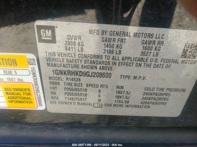 Chevrolet Traverse Lt 2016 1GNKRHKD9GJ208600 Image 9